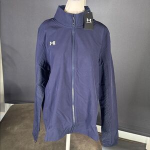 Women’s Under Armour Blue Hooded Warm Up Jacket Loose Fit Full Zip Size L NWT